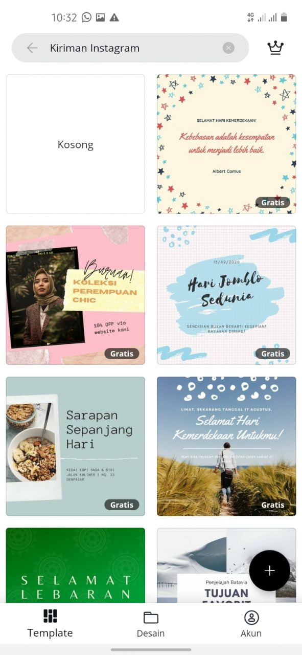 Pilih template desain untuk Membuat Feed Instagram Keren menggunakan Aplikasi Canva di Android